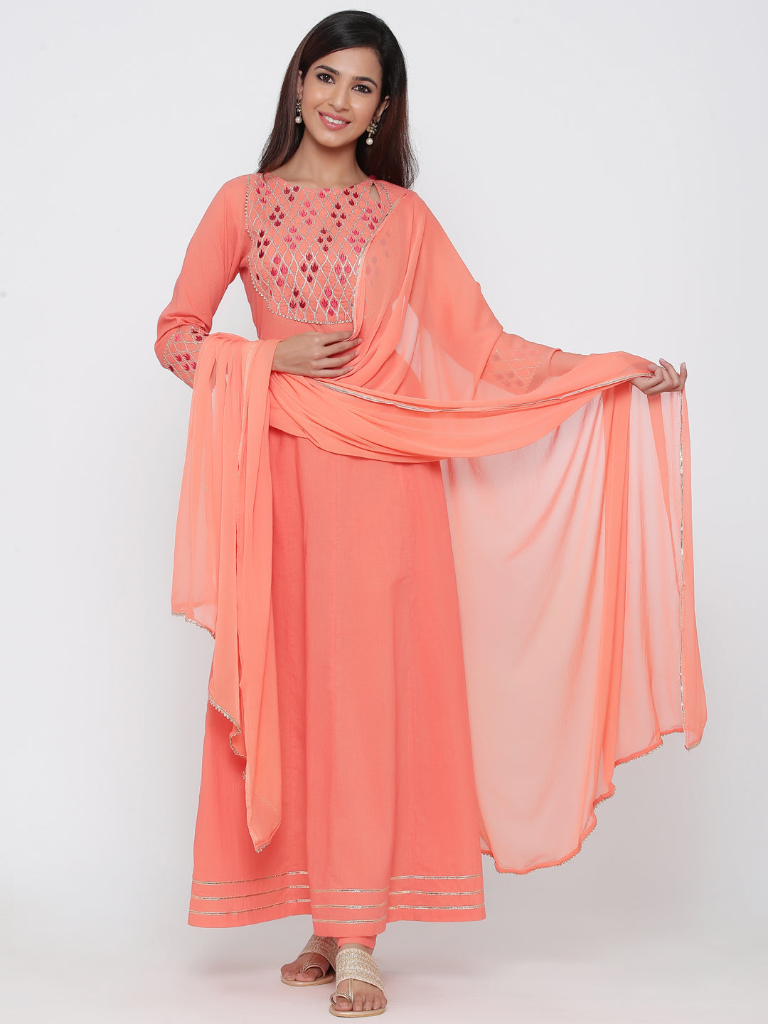Peach Solid Anarkali Cotton Kurta With Churidar & Dupatta