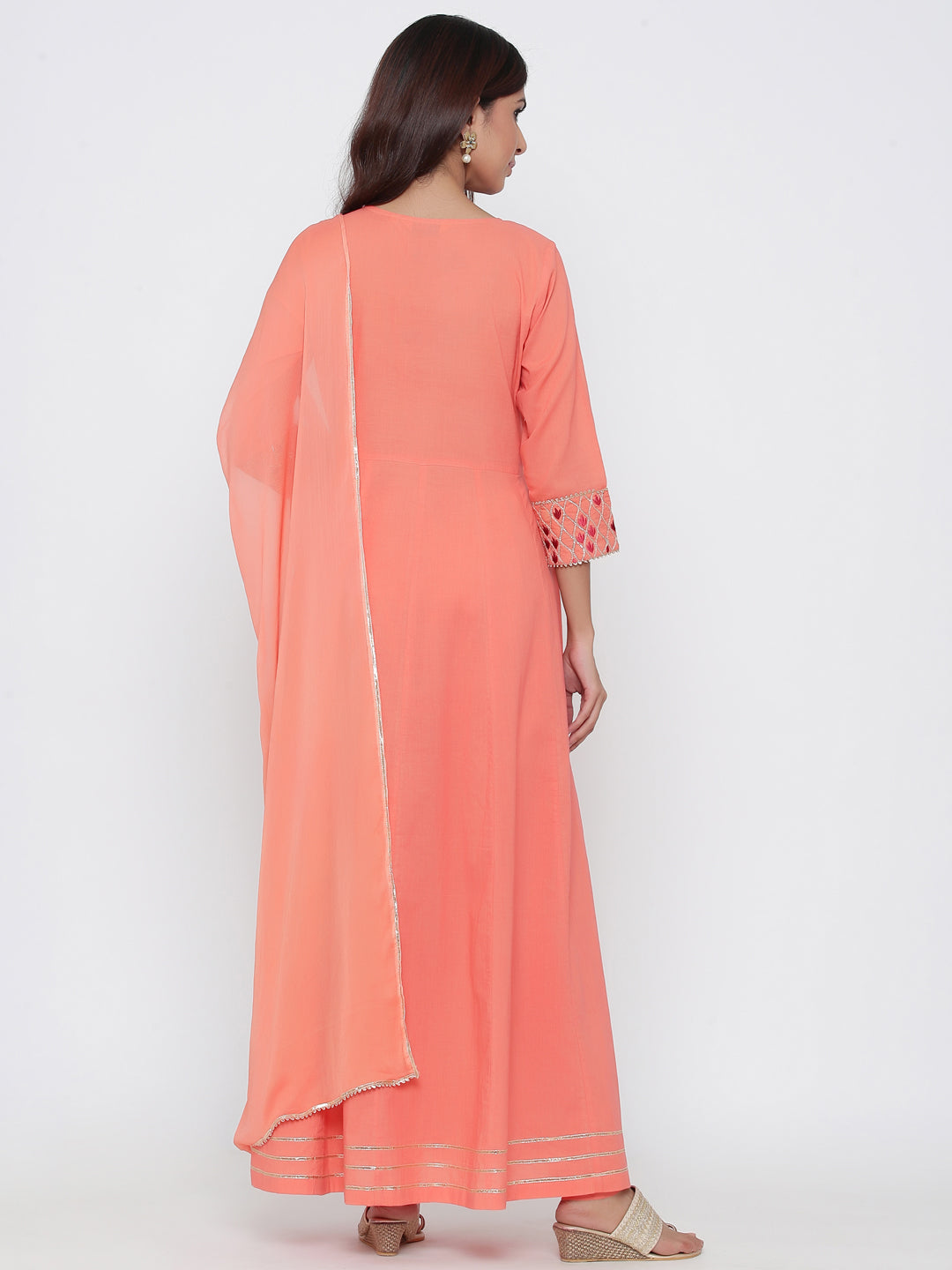Peach Solid Anarkali Cotton Kurta With Churidar & Dupatta