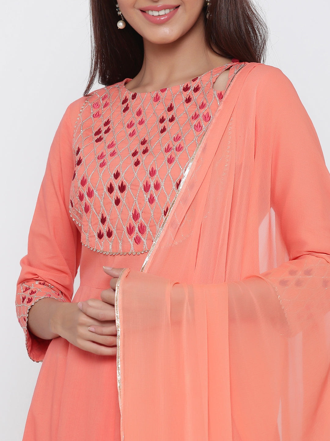 Peach Solid Anarkali Cotton Kurta With Churidar & Dupatta