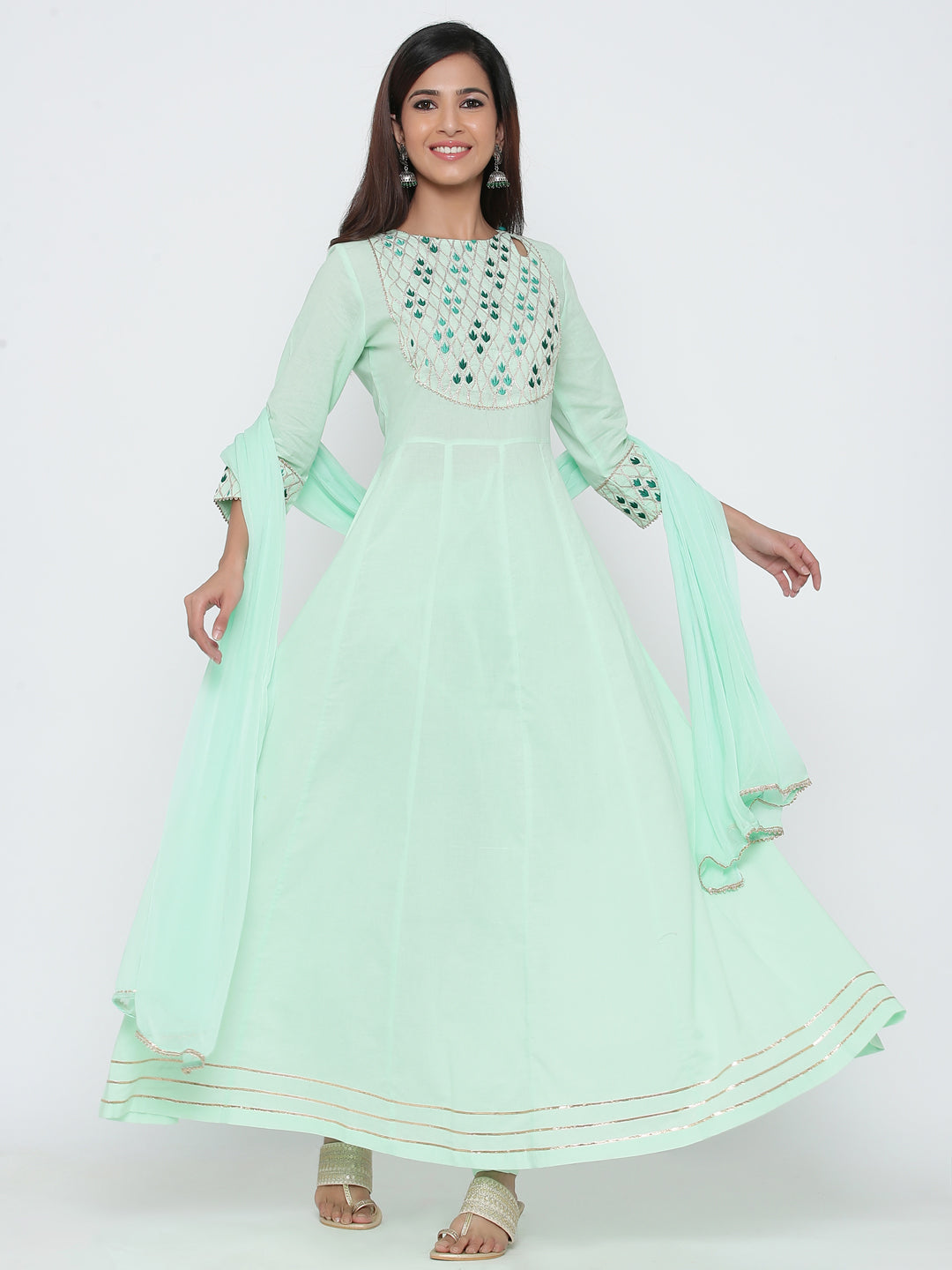 Aqua Solid Anarkali Cotton Kurta With Churidar & Dupatta