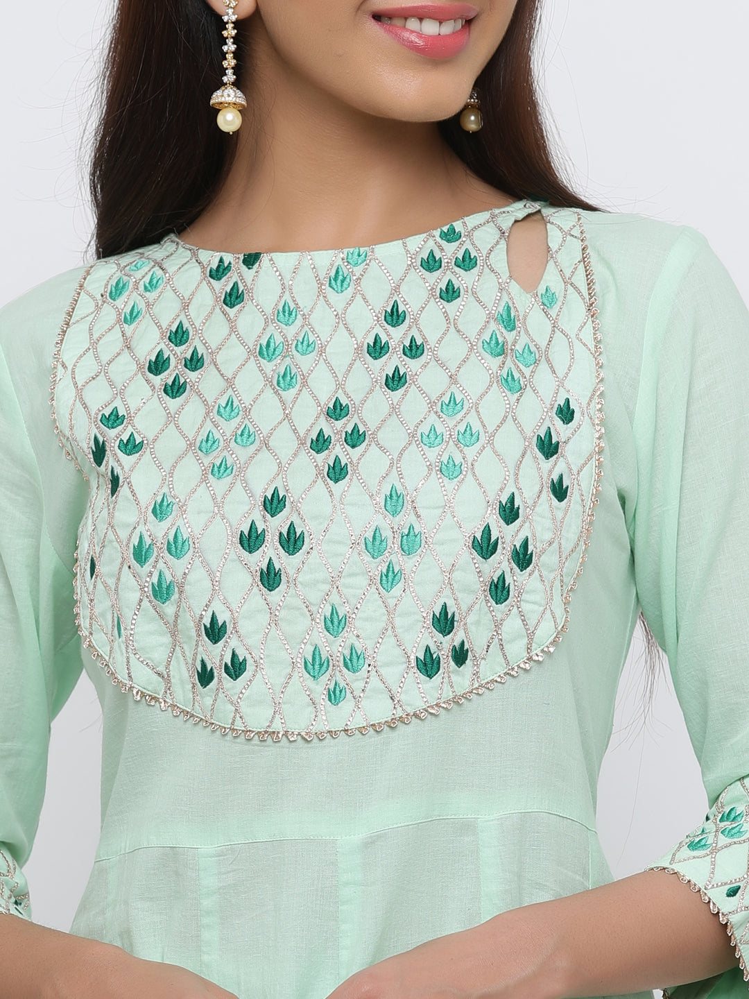 Aqua Solid Anarkali Cotton Kurta With Churidar & Dupatta