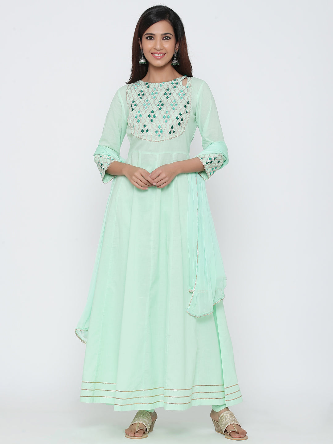 Aqua Solid Anarkali Cotton Kurta With Churidar & Dupatta