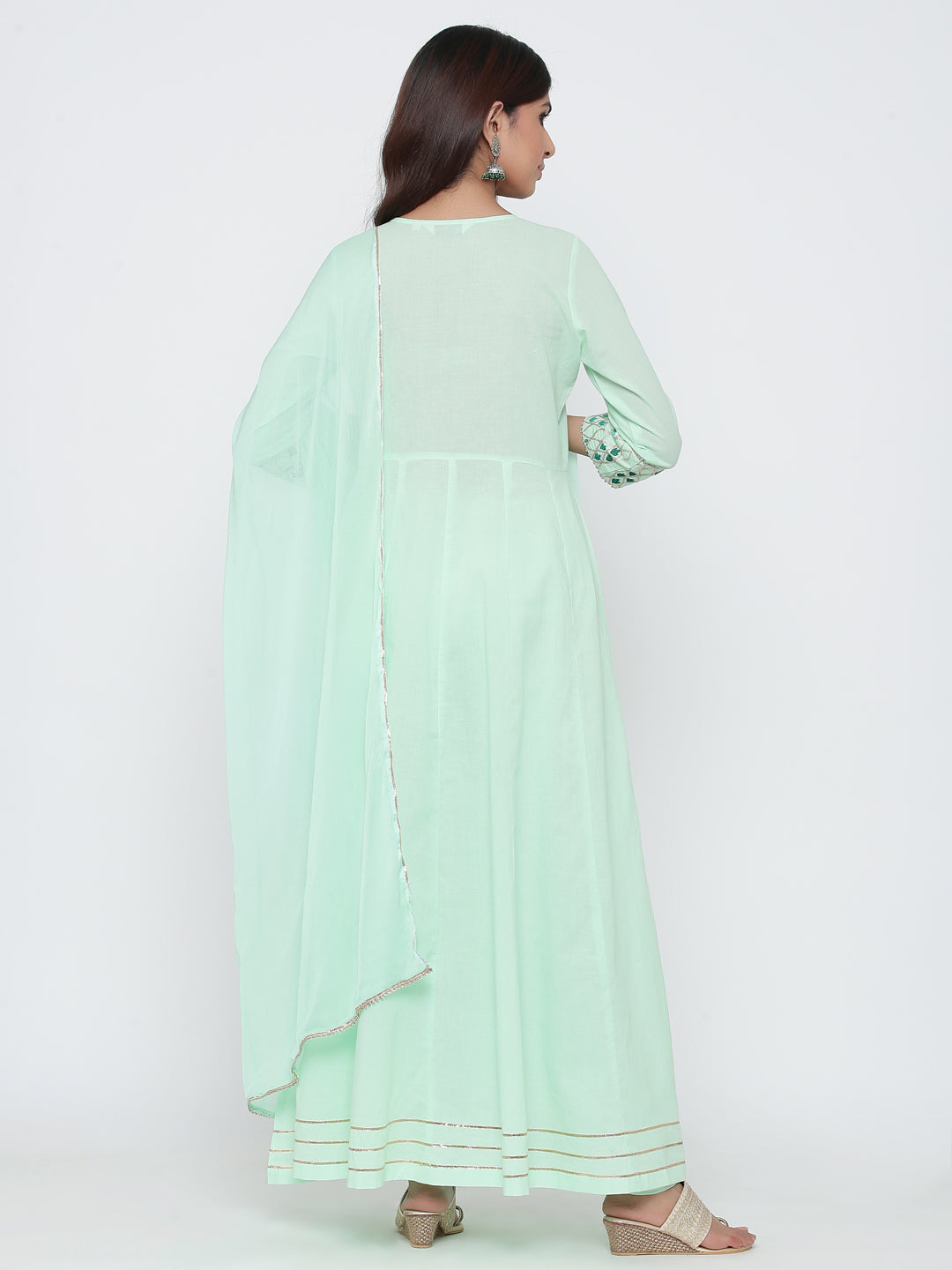 Aqua Solid Anarkali Cotton Kurta With Churidar & Dupatta