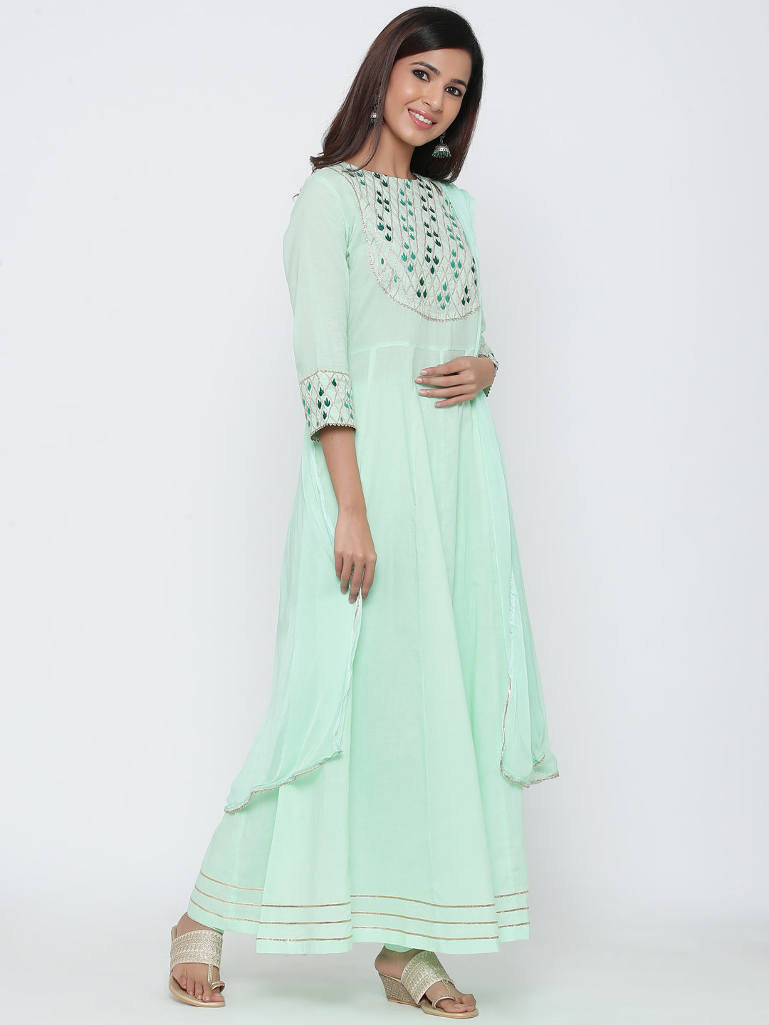 Aqua Solid Anarkali Cotton Kurta With Churidar & Dupatta
