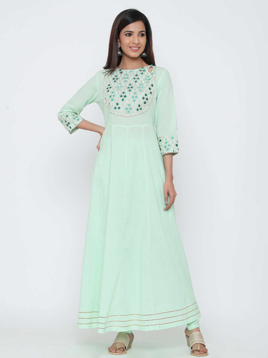Aqua Solid Anarkali Cotton Kurta With Churidar & Dupatta