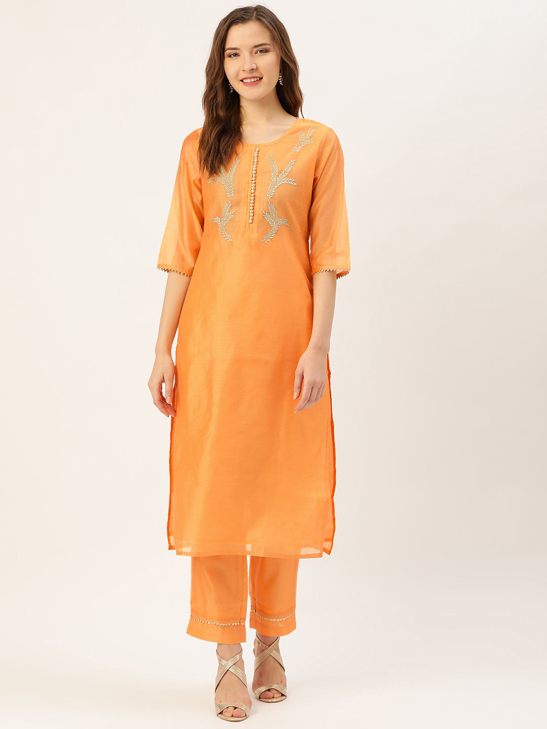 Yellow Embroidered Chanderi Kurta With Pants