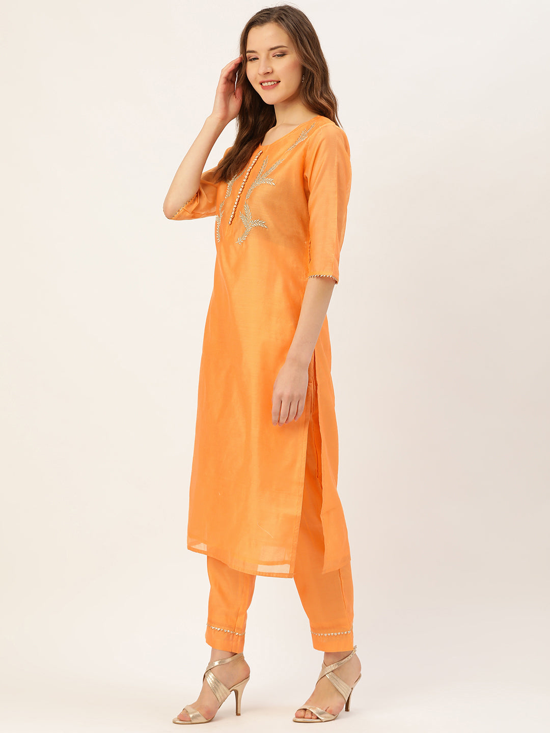 Yellow Embroidered Chanderi Kurta With Pants