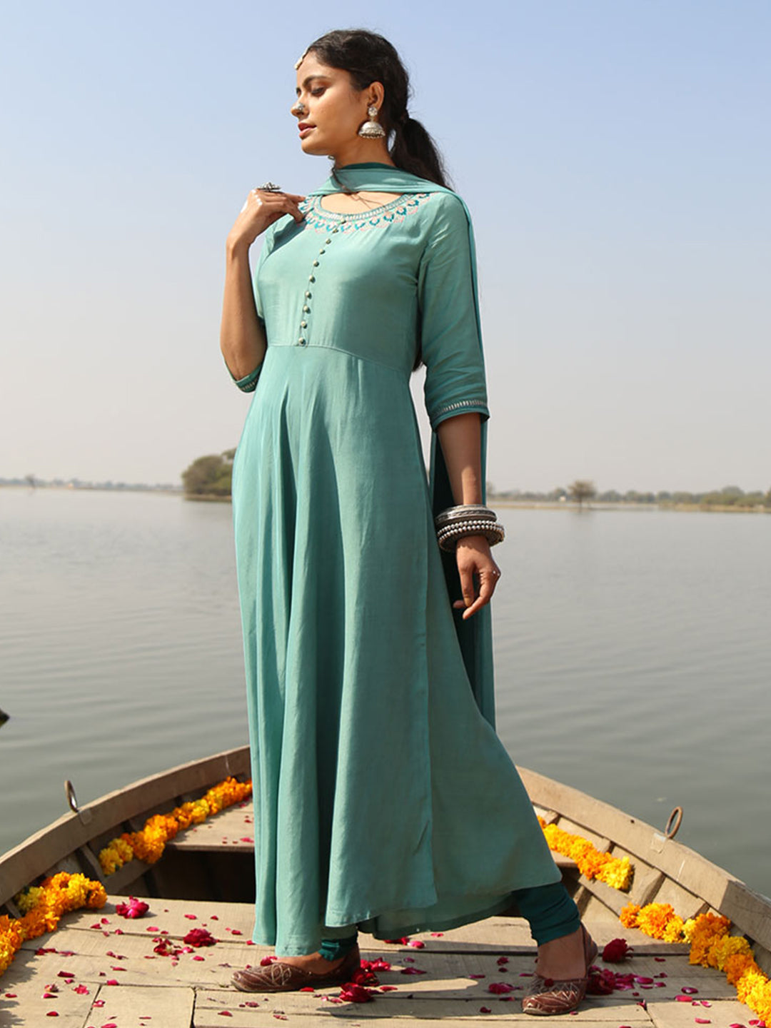 Sea Green Embroidered Silk Crepe Anarkali Kurta With Churidar Pent And Dupatta
