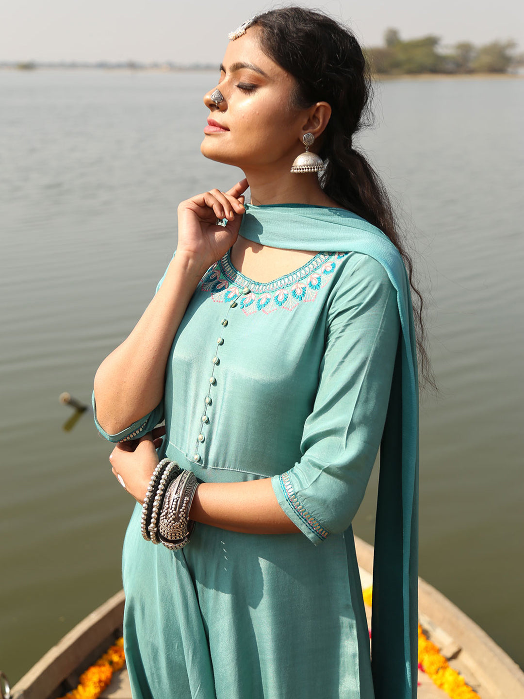 Sea Green Embroidered Silk Crepe Anarkali Kurta With Churidar Pent And Dupatta