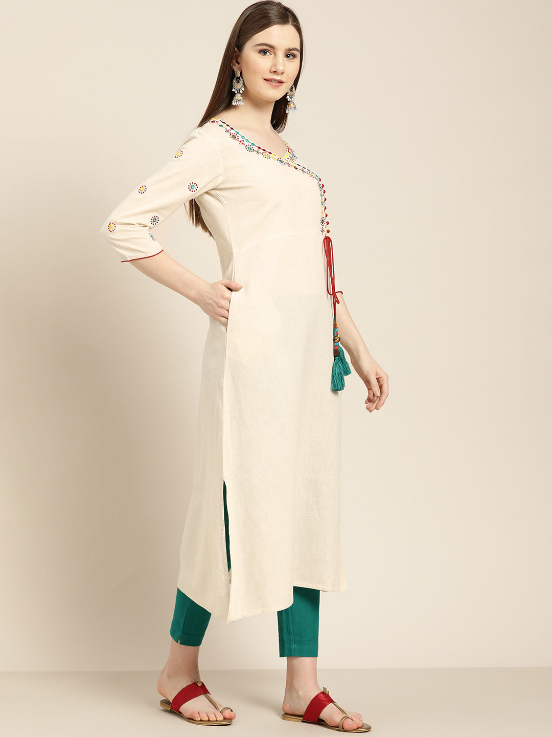 Off White Embroidered A Line Kurta With Solid Pant