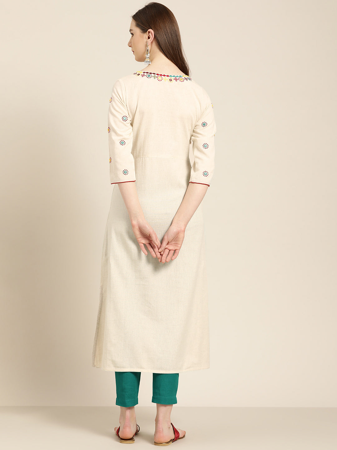 Off White Embroidered A Line Kurta With Solid Pant