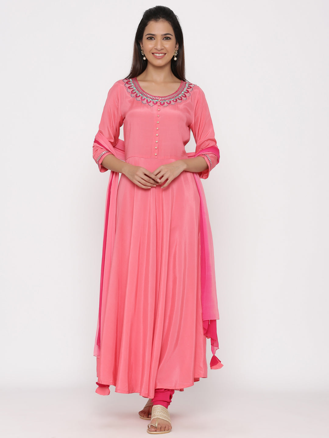 Coral Solid Silk Crepe Anarkali Kurta With Churidar And Dupatta