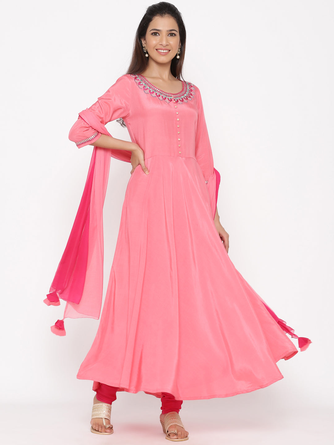 Coral Solid Silk Crepe Anarkali Kurta With Churidar And Dupatta