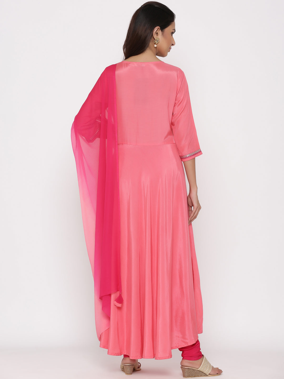 Coral Solid Silk Crepe Anarkali Kurta With Churidar And Dupatta