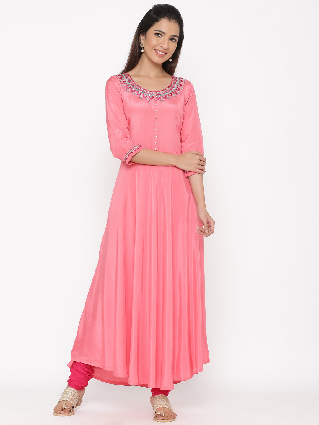 Coral Solid Silk Crepe Anarkali Kurta With Churidar And Dupatta