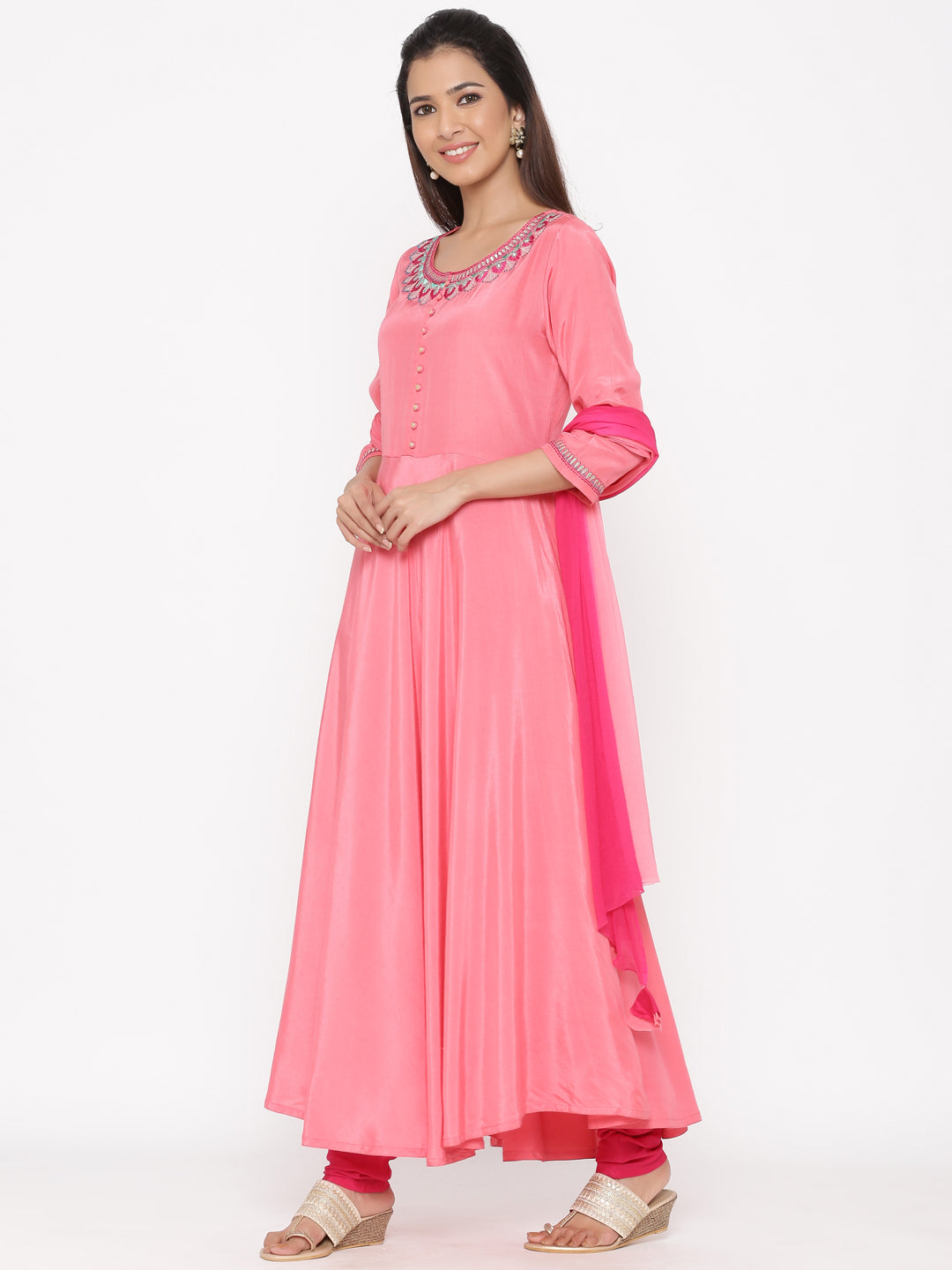 Coral Solid Silk Crepe Anarkali Kurta With Churidar And Dupatta
