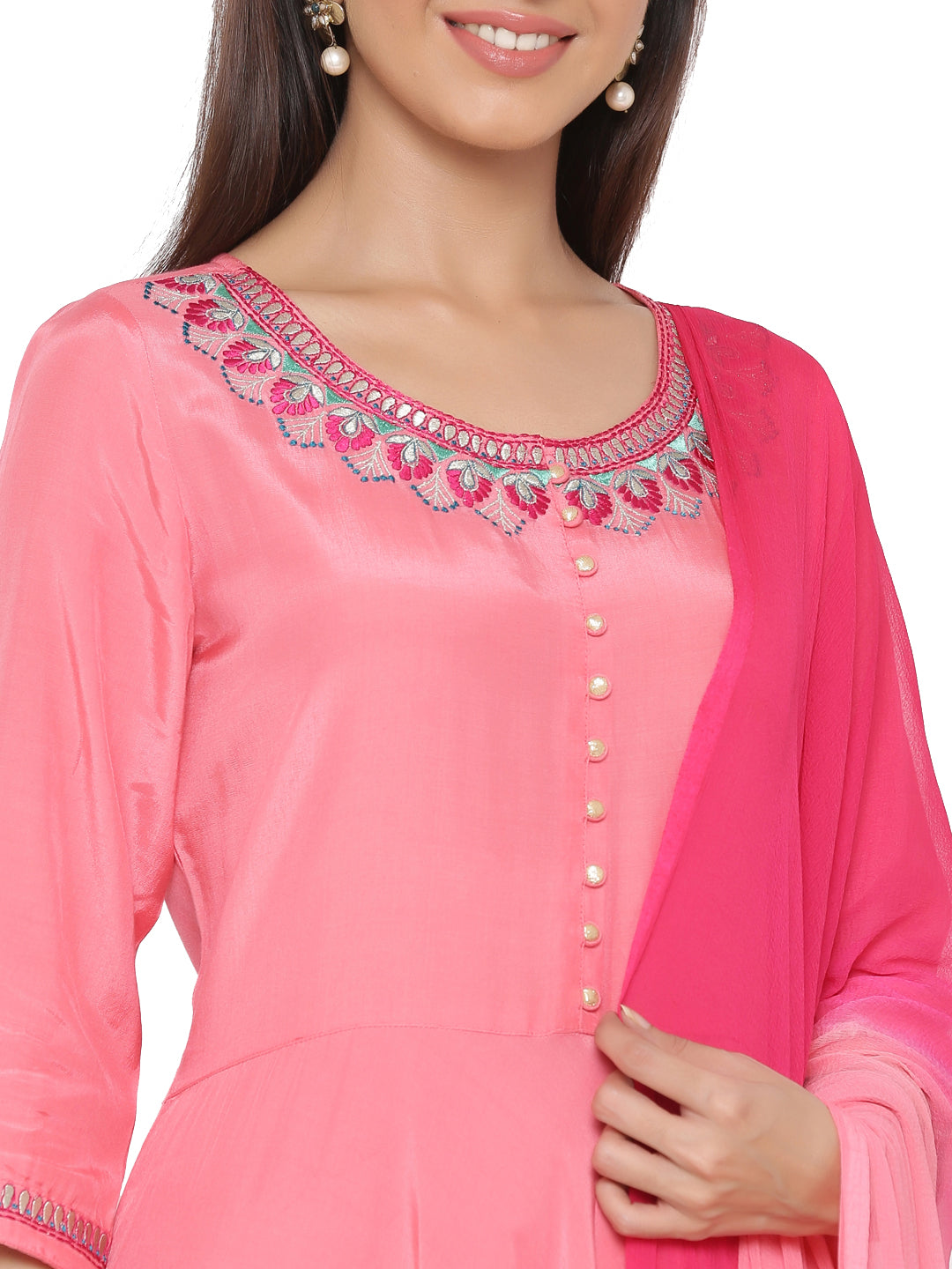 Coral Solid Silk Crepe Anarkali Kurta With Churidar And Dupatta