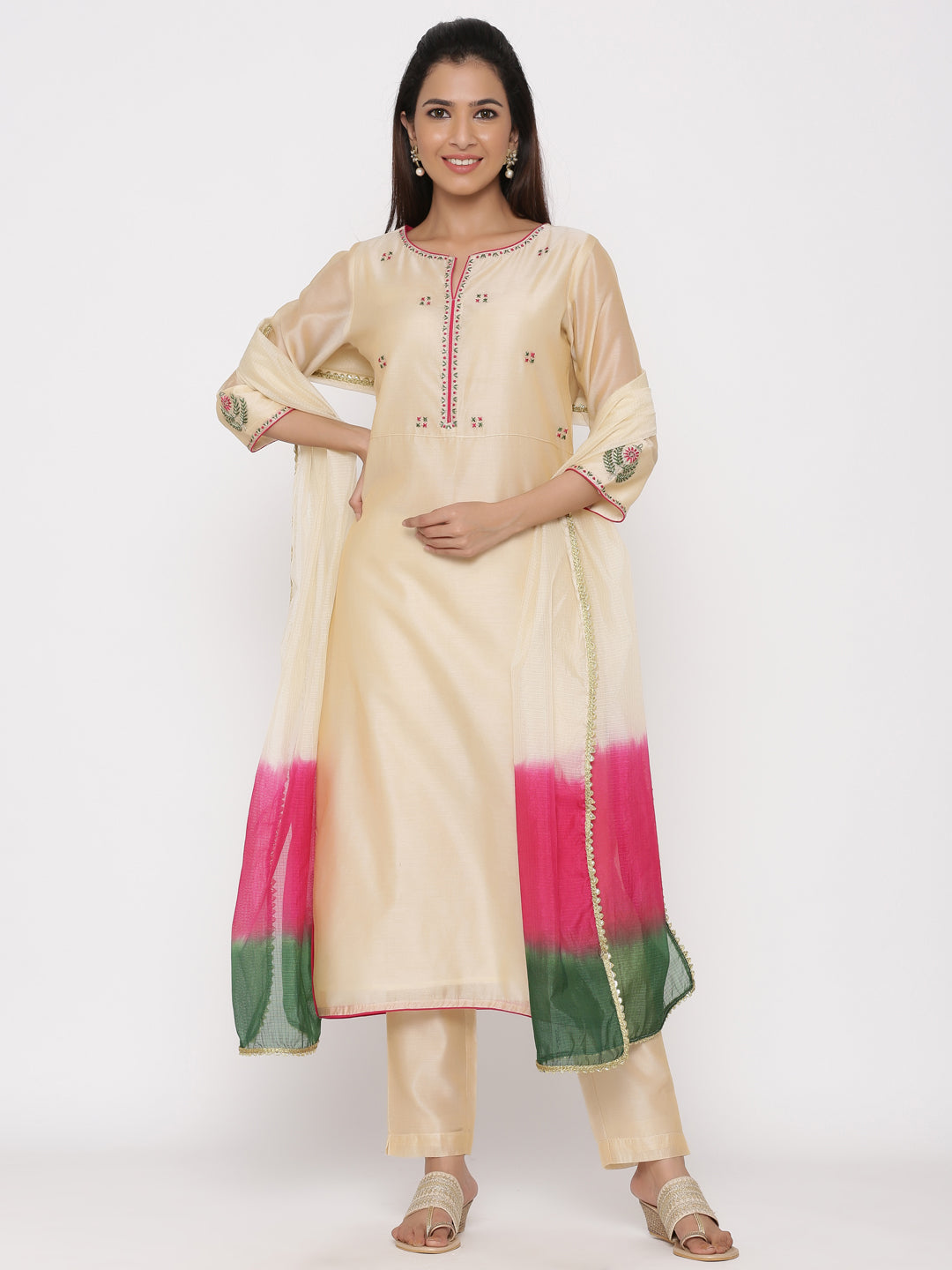 Cream Embrodiered Straight Chanderi Silk Kurta With Pant And Dupatta