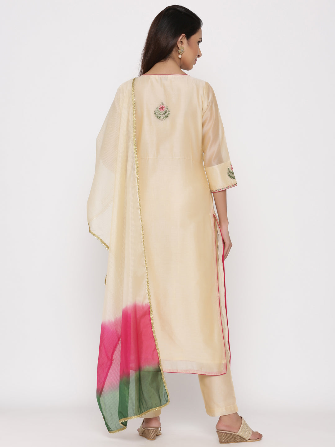 Cream Embrodiered Straight Chanderi Silk Kurta With Pant And Dupatta