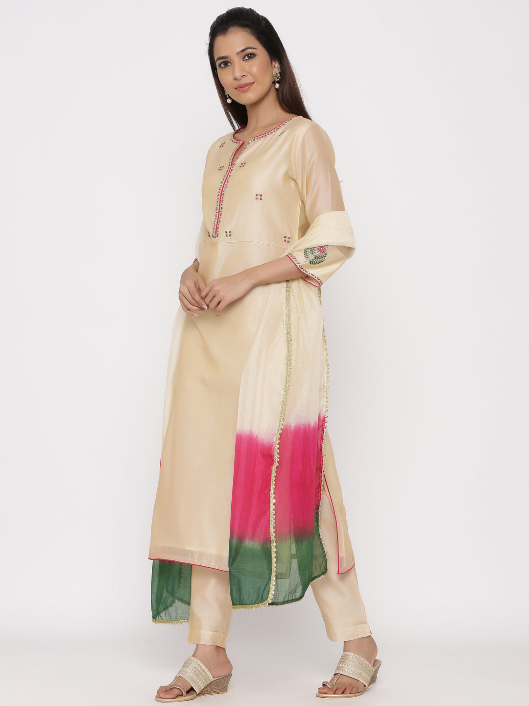 Cream Embrodiered Straight Chanderi Silk Kurta With Pant And Dupatta