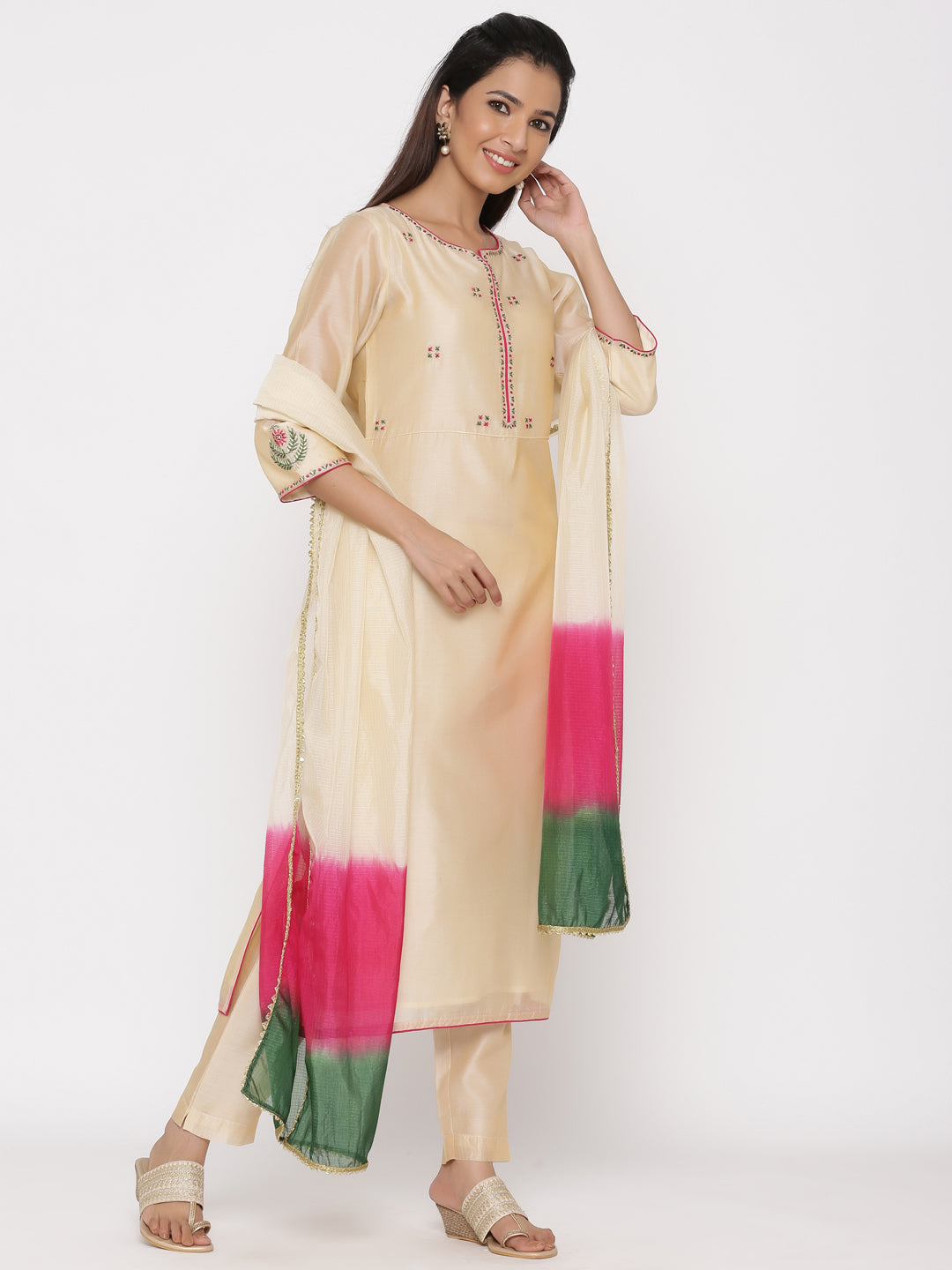 Cream Embrodiered Straight Chanderi Silk Kurta With Pant And Dupatta