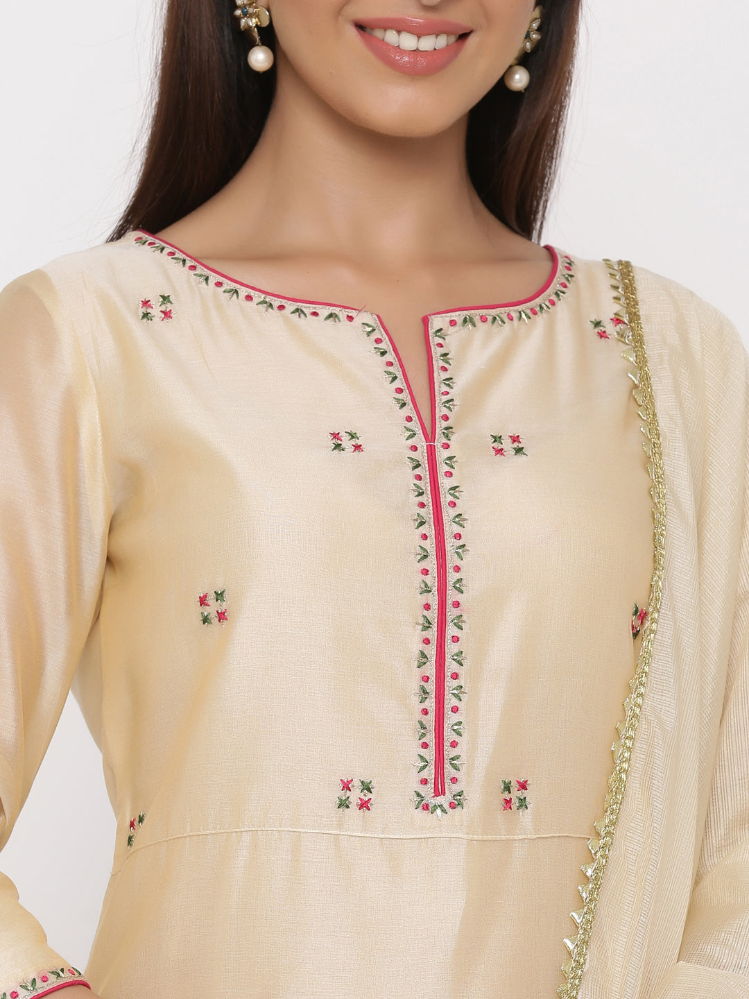 Cream Embrodiered Straight Chanderi Silk Kurta With Pant And Dupatta