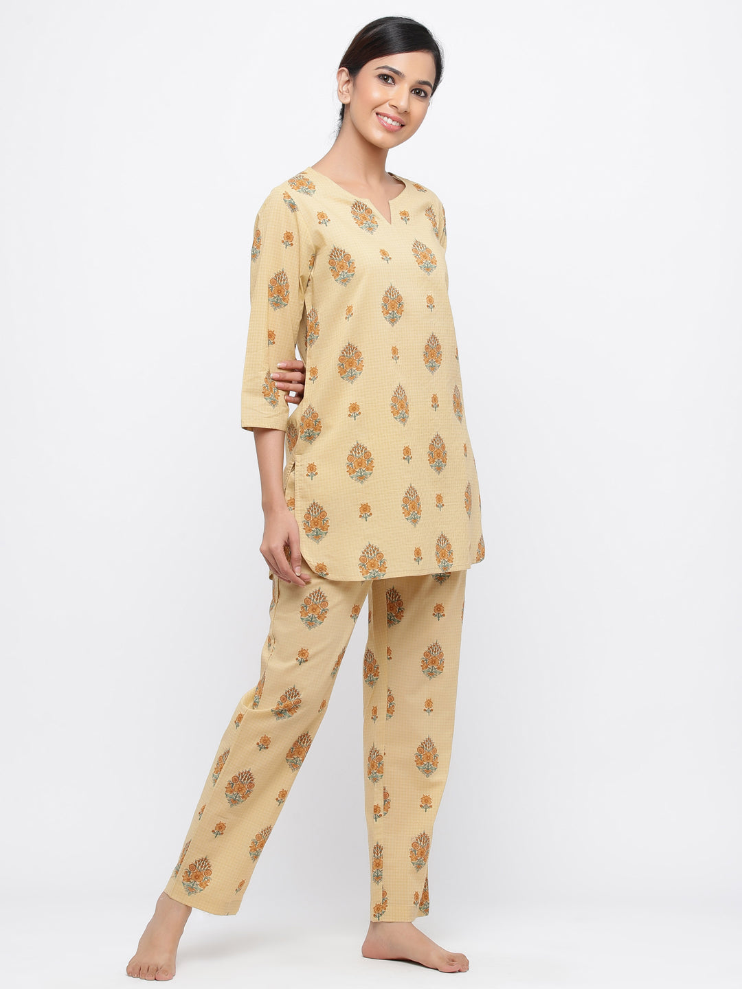 Beige Floral Print Straight Cotton Lounge Wear