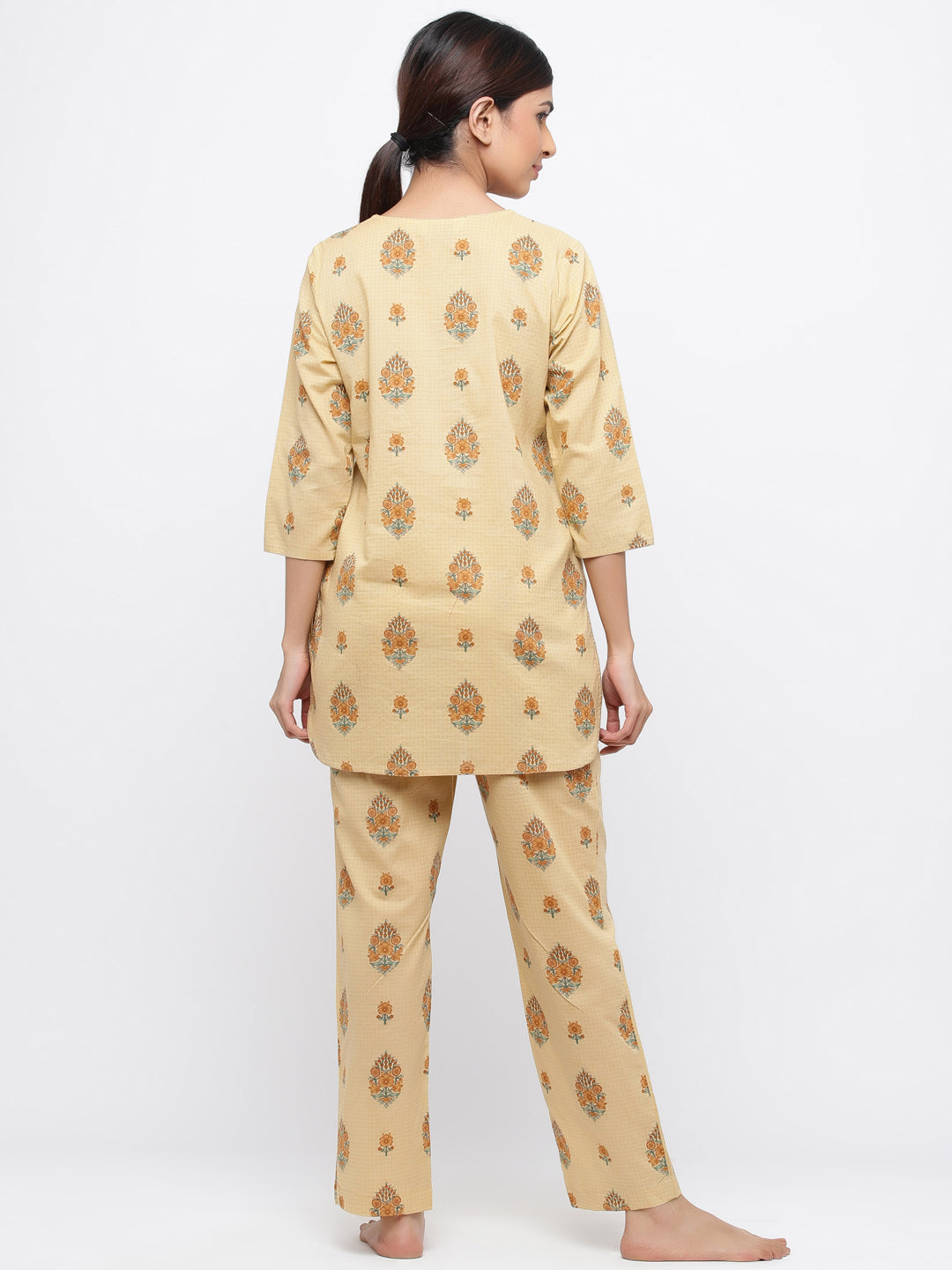 Beige Floral Print Straight Cotton Lounge Wear