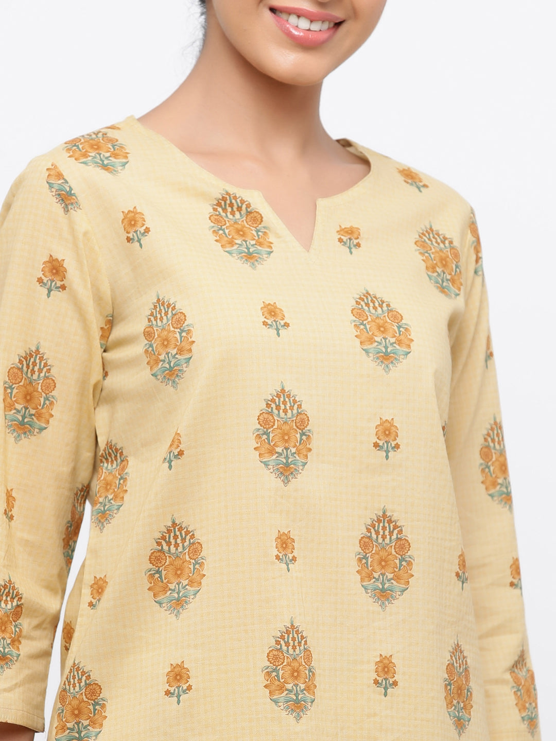 Beige Floral Print Straight Cotton Lounge Wear