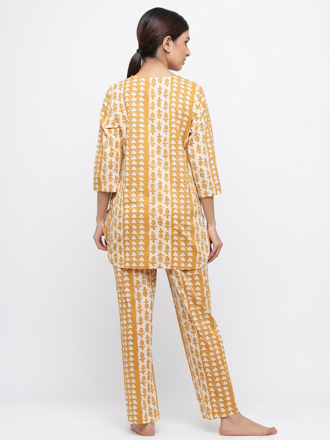 Mustard Ethnic Motif Straight Cotton Lounge Wear