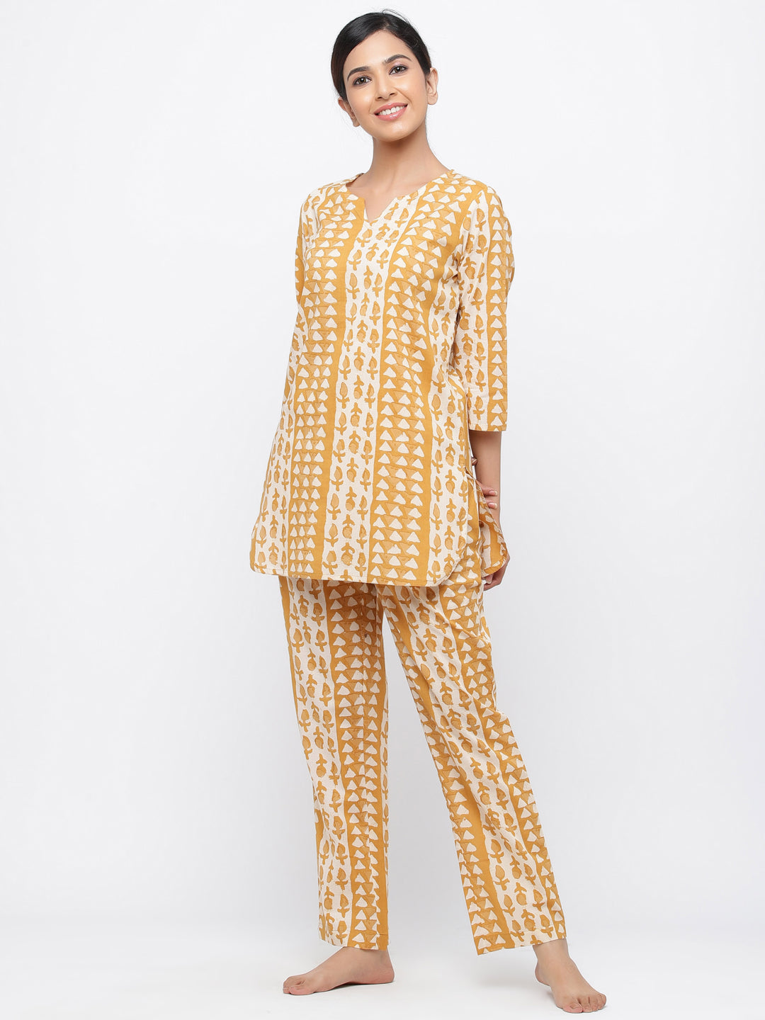 Mustard Ethnic Motif Straight Cotton Lounge Wear