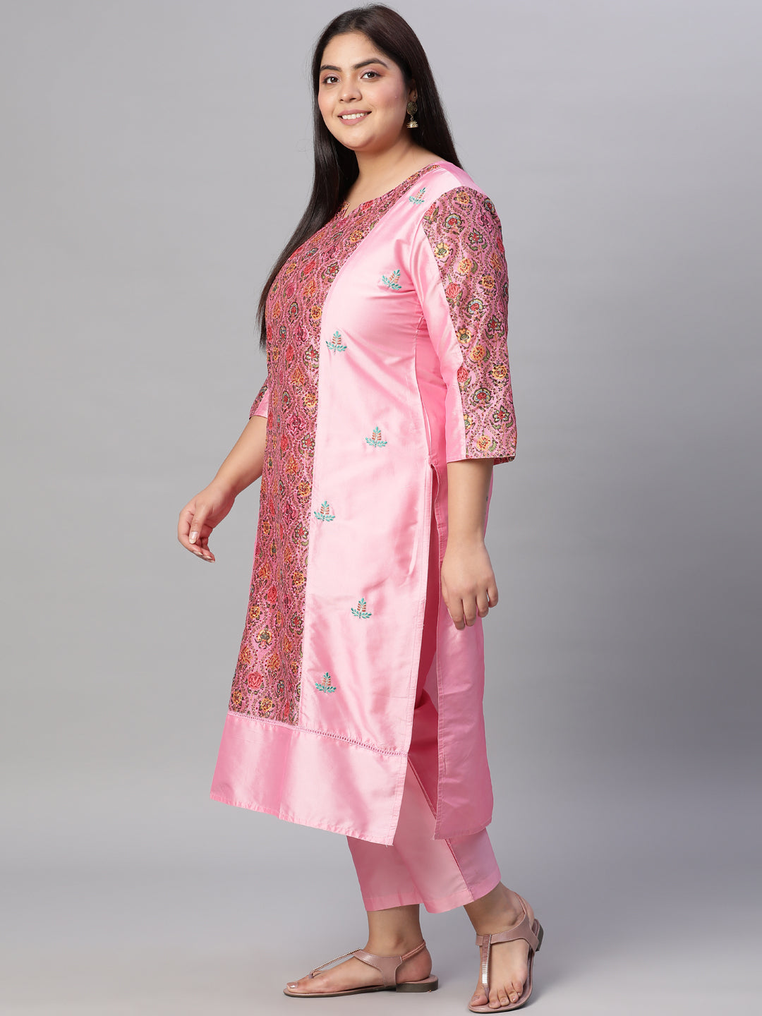 Pink Ethnic Print Chanderi Straight Kurta With Pants