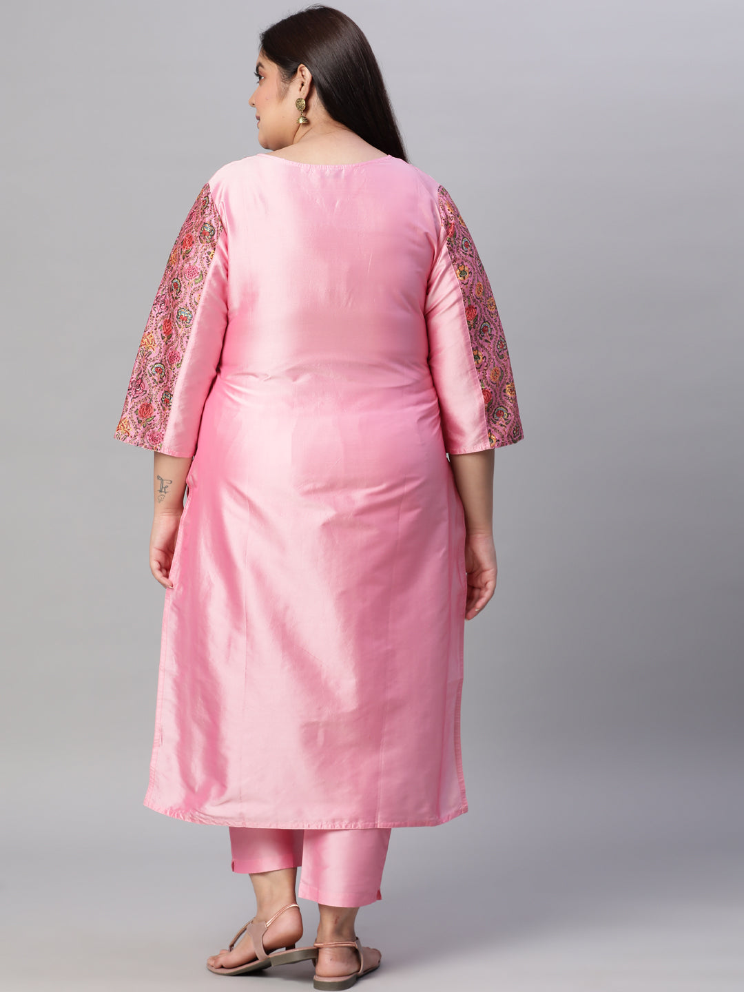 Pink Ethnic Print Chanderi Straight Kurta With Pants