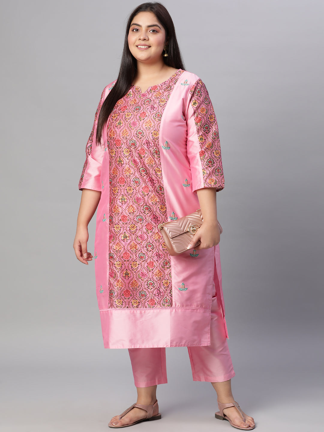 Pink Ethnic Print Chanderi Straight Kurta With Pants