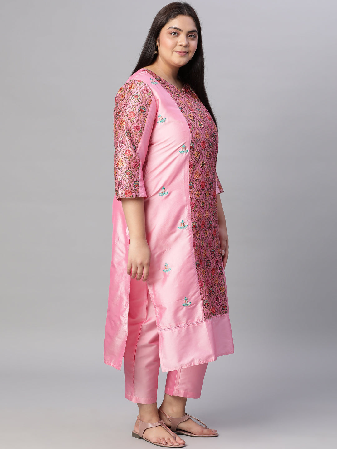 Pink Ethnic Print Chanderi Straight Kurta With Pants