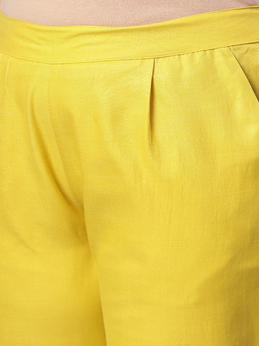 Yellow Embroidered Rayon Slub Straight Kurta With Pants