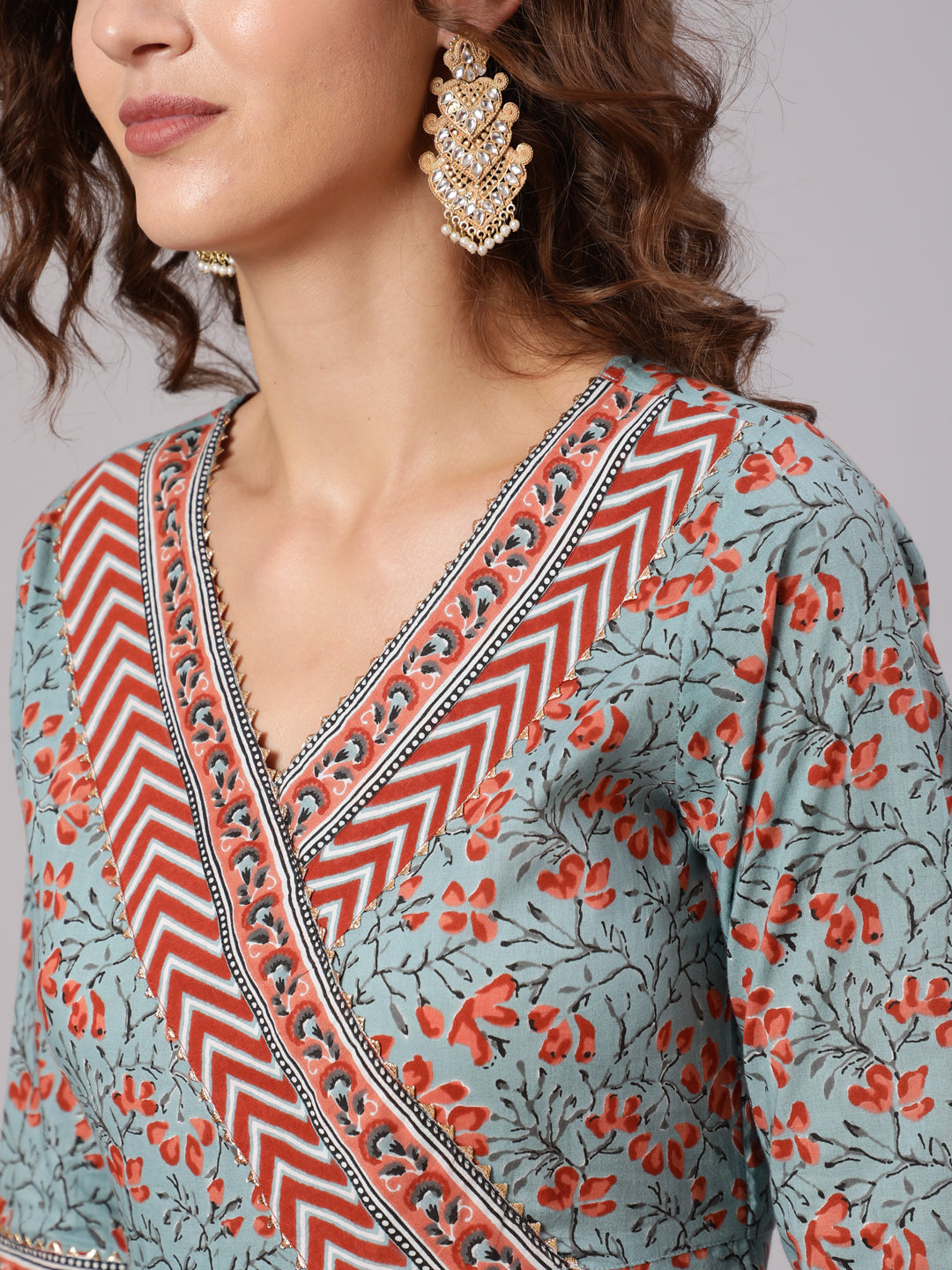 Grey Cotton Printed Embellished Anarkali Kurta With Pants And Dupatta