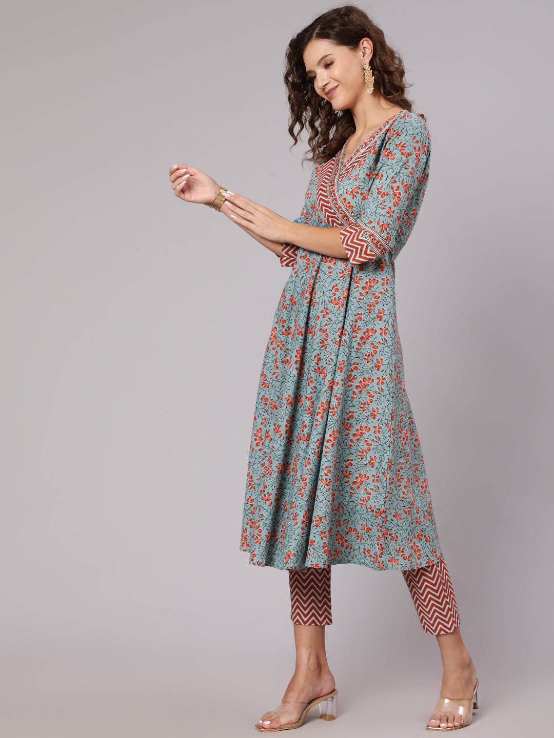 Grey Cotton Printed Embellished Anarkali Kurta With Pants And Dupatta