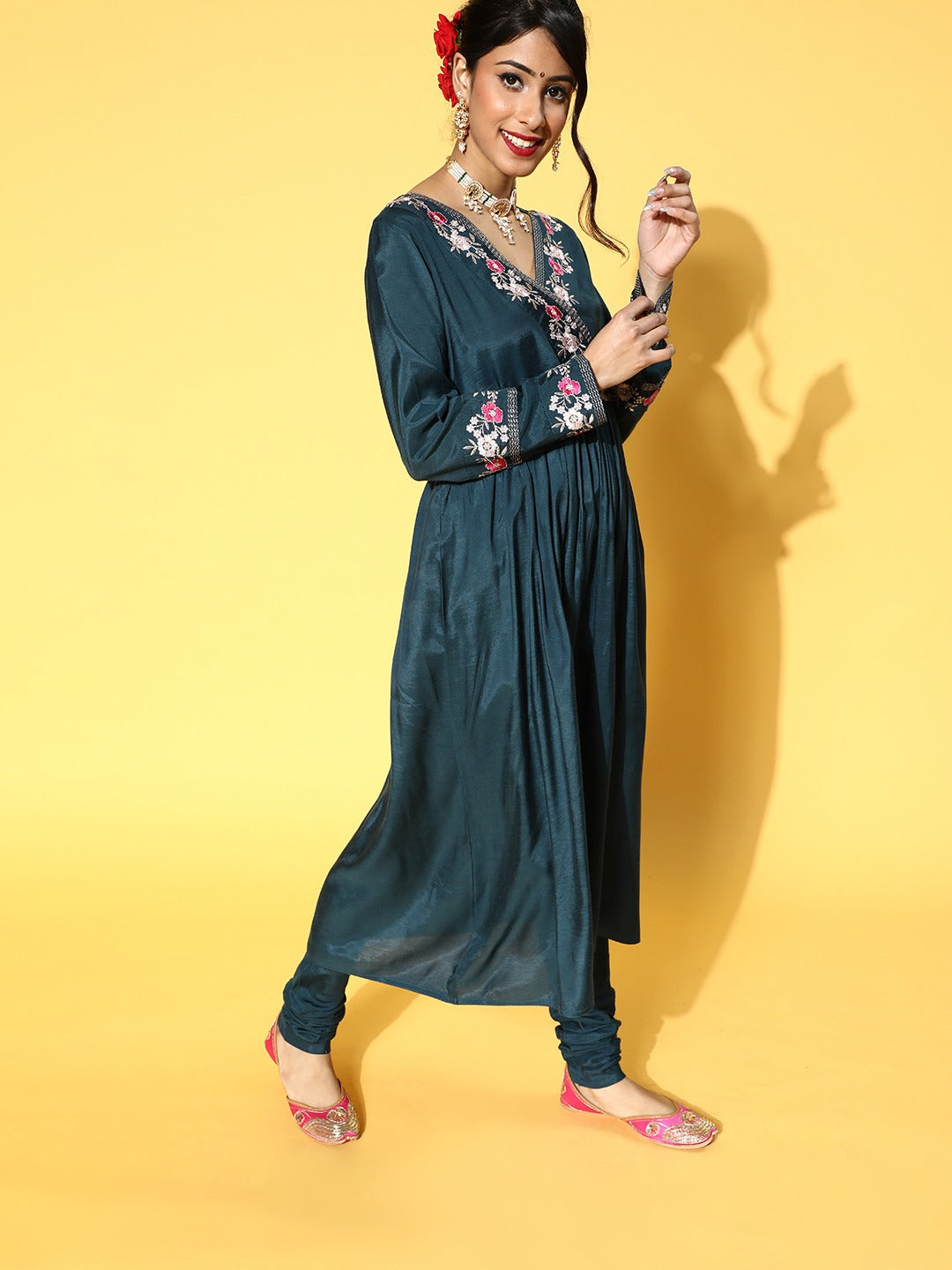 Teal Embroidered Gathers Kurta With Chudidar