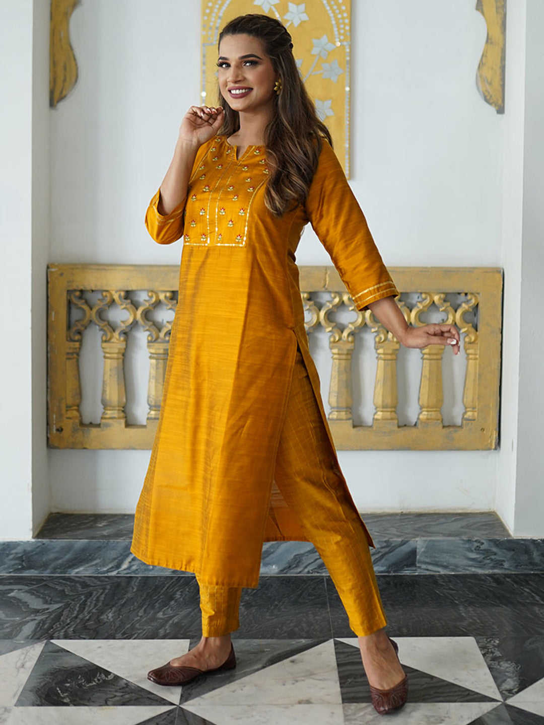 Straight Silk Embroidered Mustard Straight Kurta With Pants