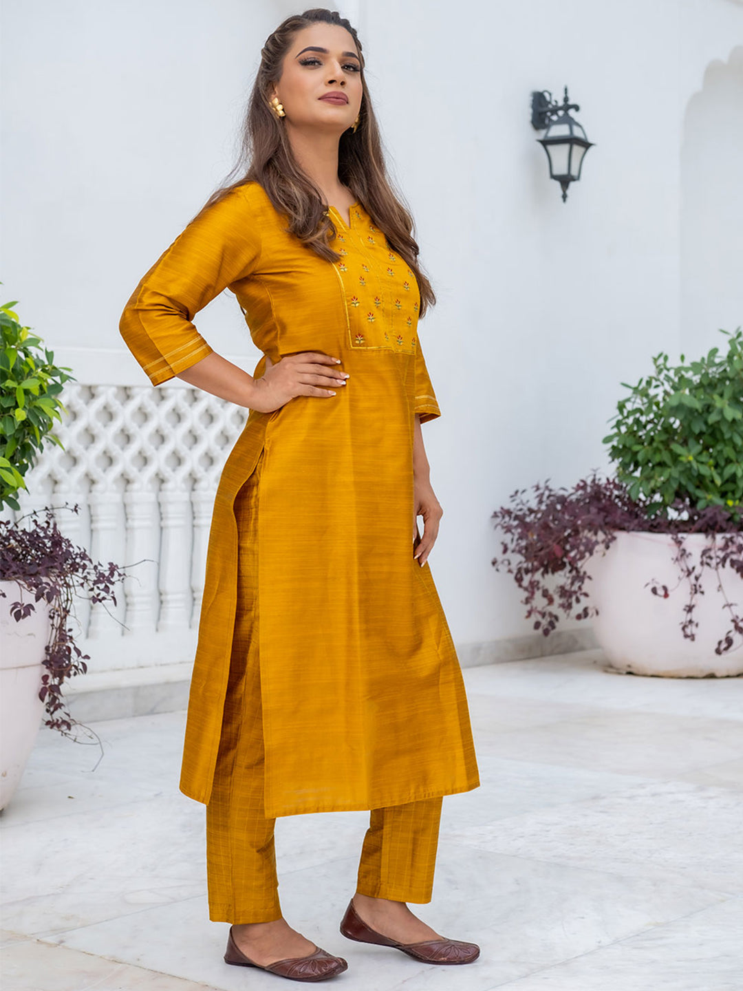 Straight Silk Embroidered Mustard Straight Kurta With Pants