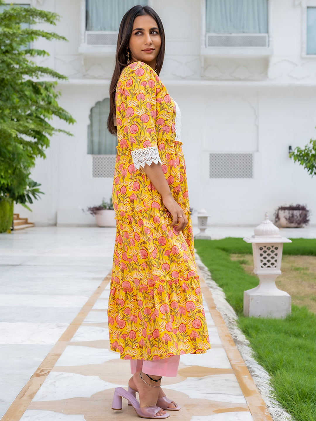 Tier Printed Flared Kurta With Cotton Pant
