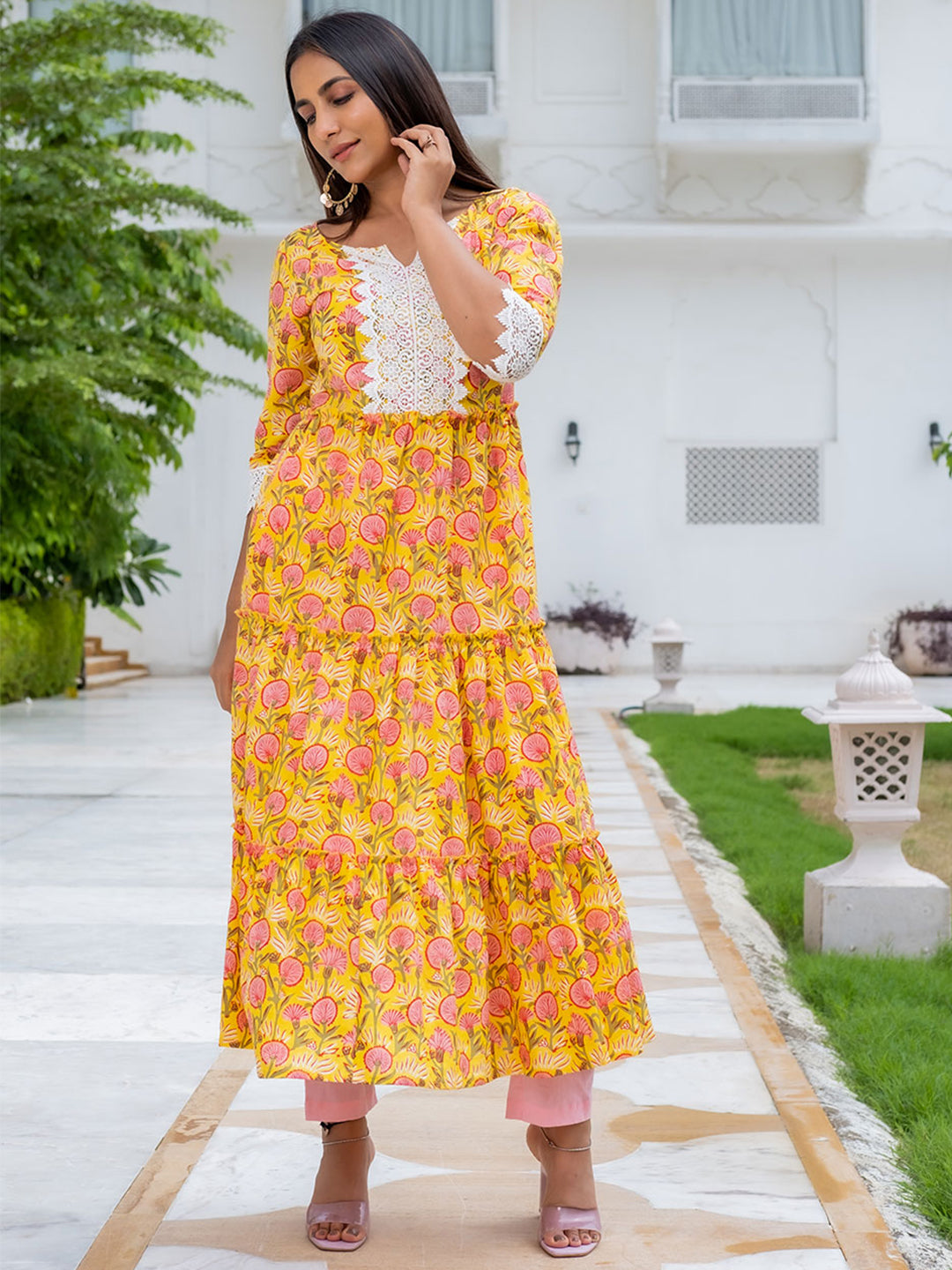 Tier Printed Flared Kurta With Cotton Pant