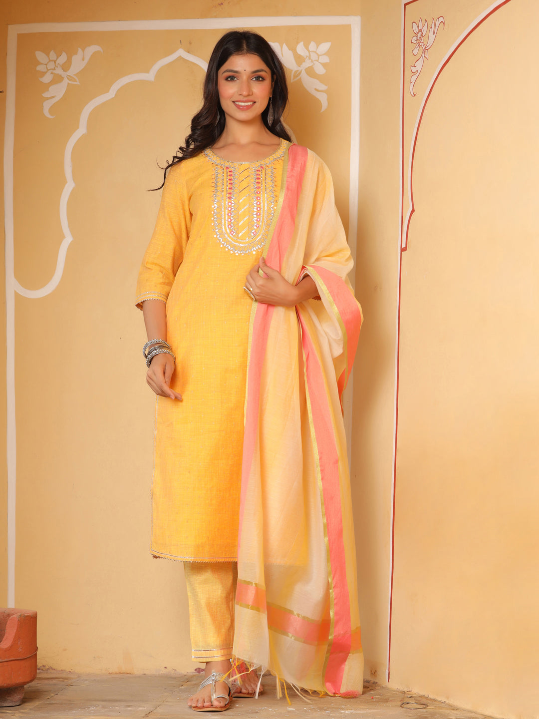 Yellow Chanderi Kurta With Pants And Chanderi Dupatta