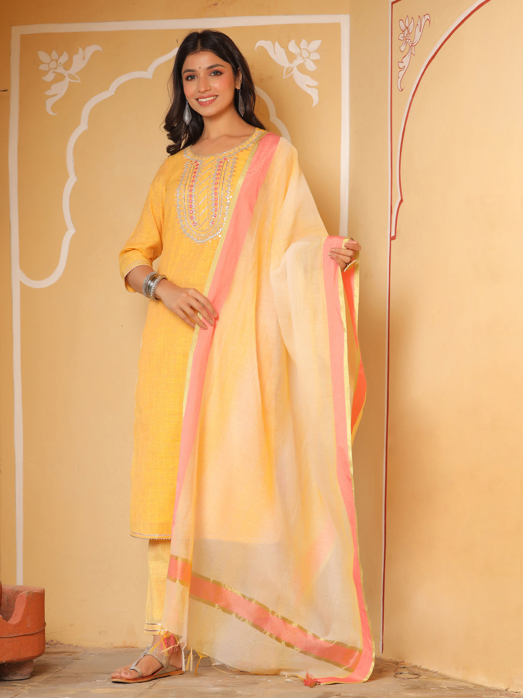 Yellow Chanderi Kurta With Pants And Chanderi Dupatta