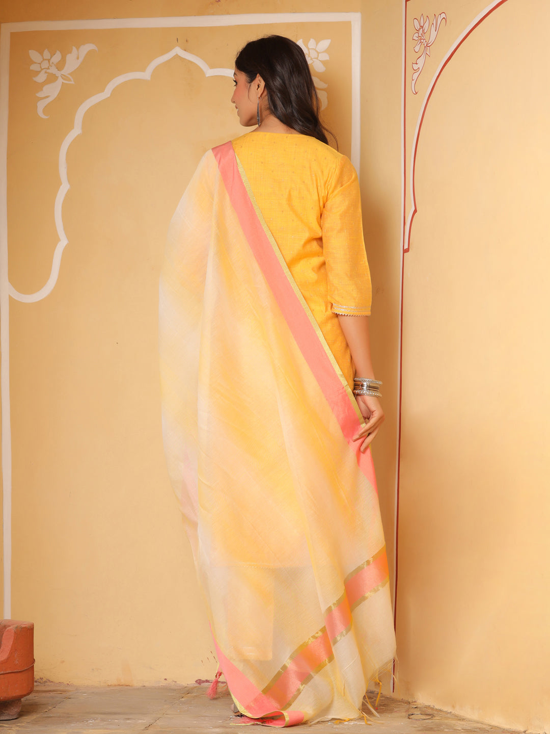 Yellow Chanderi Kurta With Pants And Chanderi Dupatta