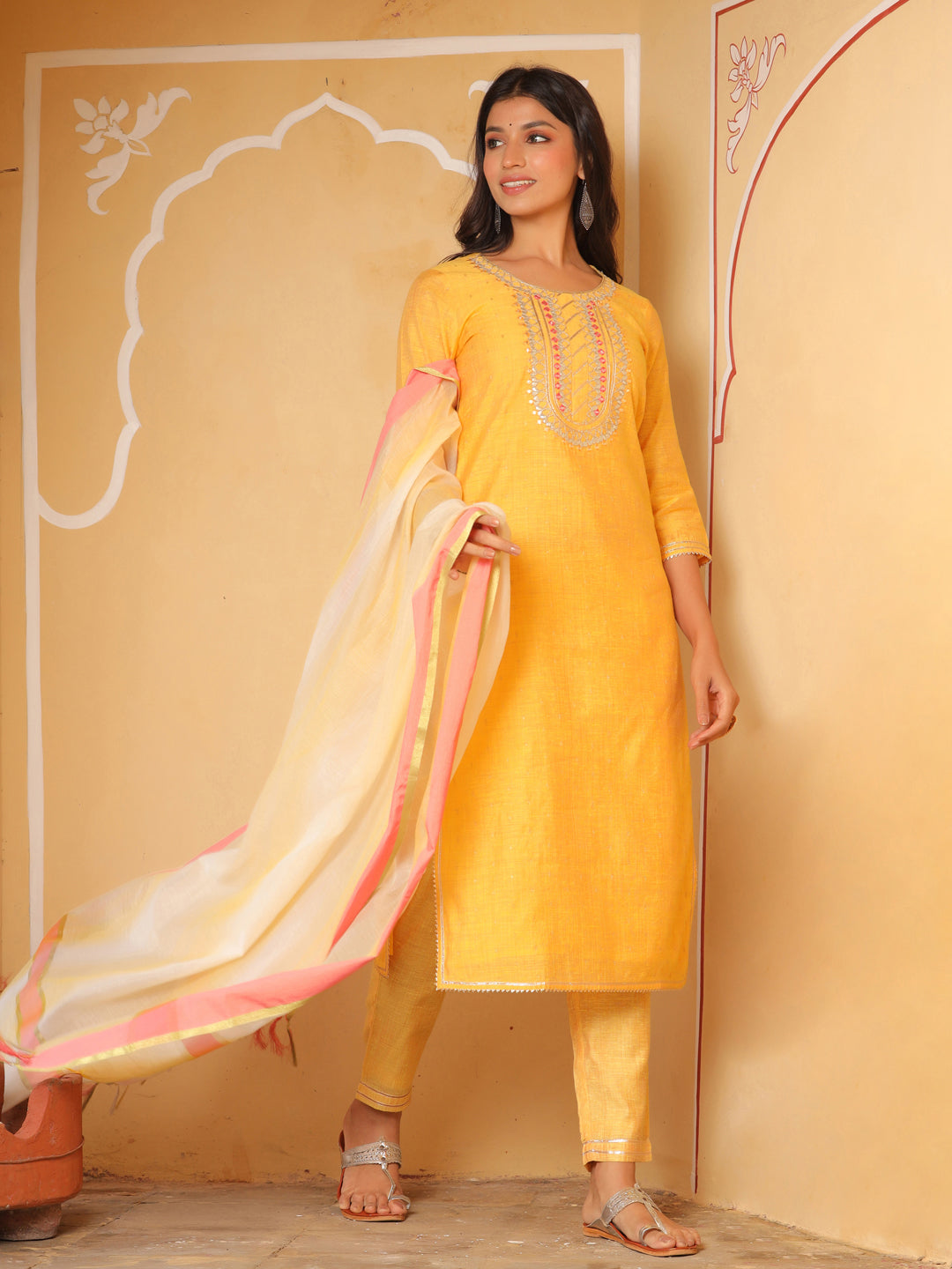 Yellow Chanderi Kurta With Pants And Chanderi Dupatta