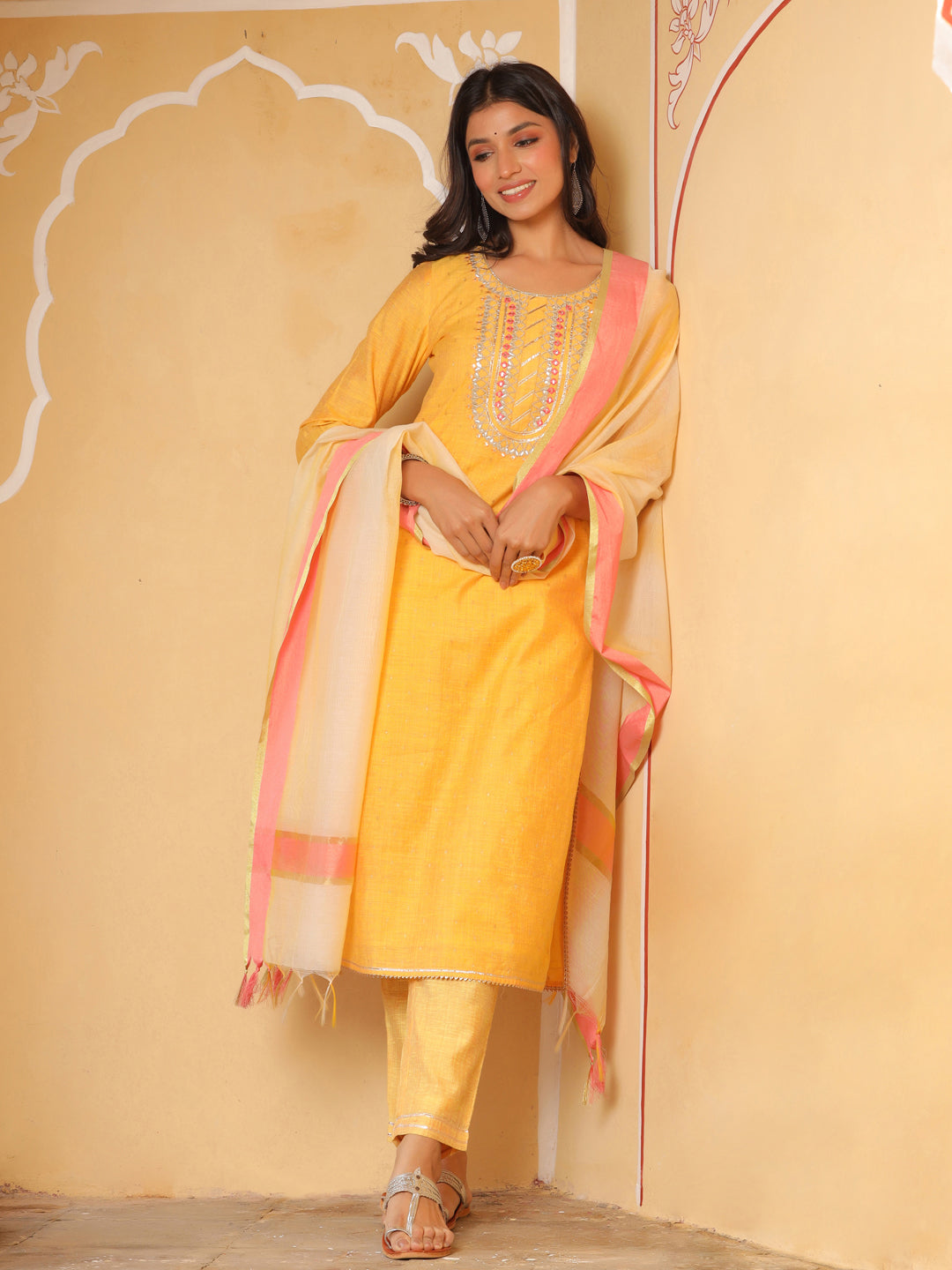 Yellow Chanderi Kurta With Pants And Chanderi Dupatta