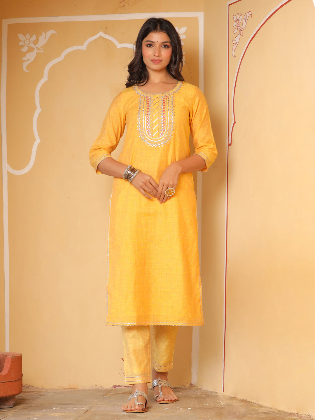 Yellow Chanderi Kurta With Pants And Chanderi Dupatta