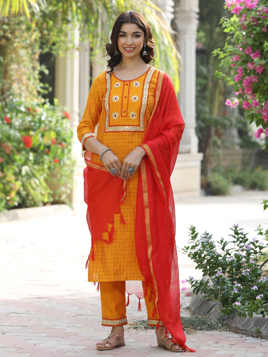Mustard Self Weave Silk Blend Kurta With Pants And Dupatta